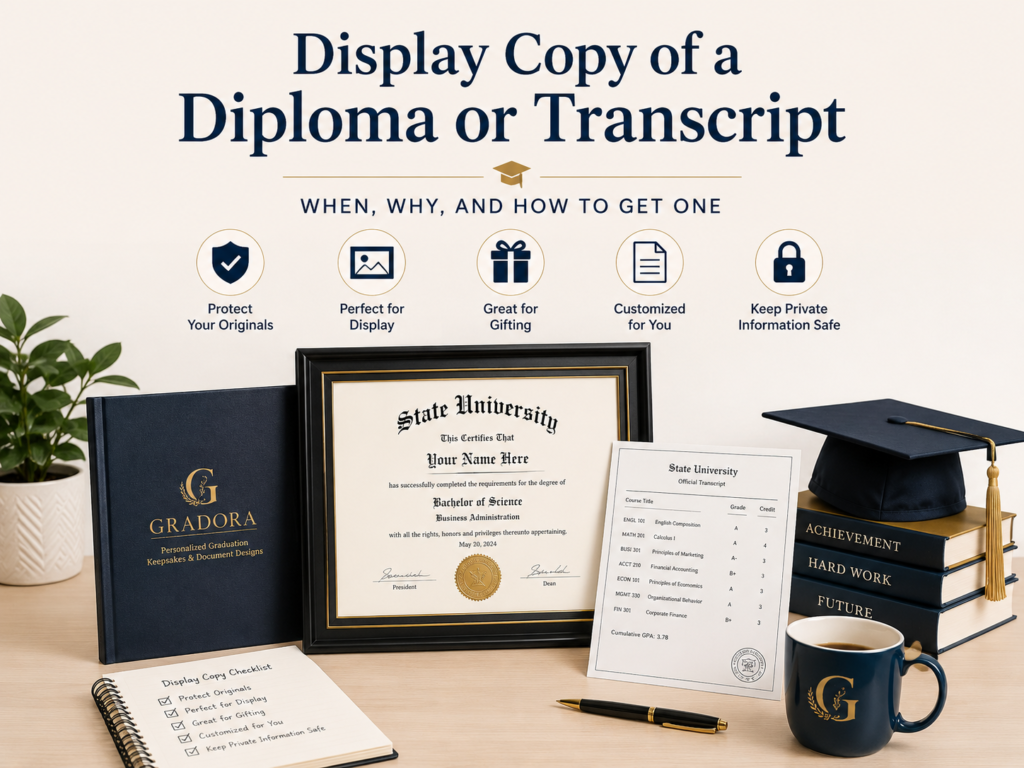Infographic explaining when, why, and how to get a display copy of a diploma or transcript keepsake