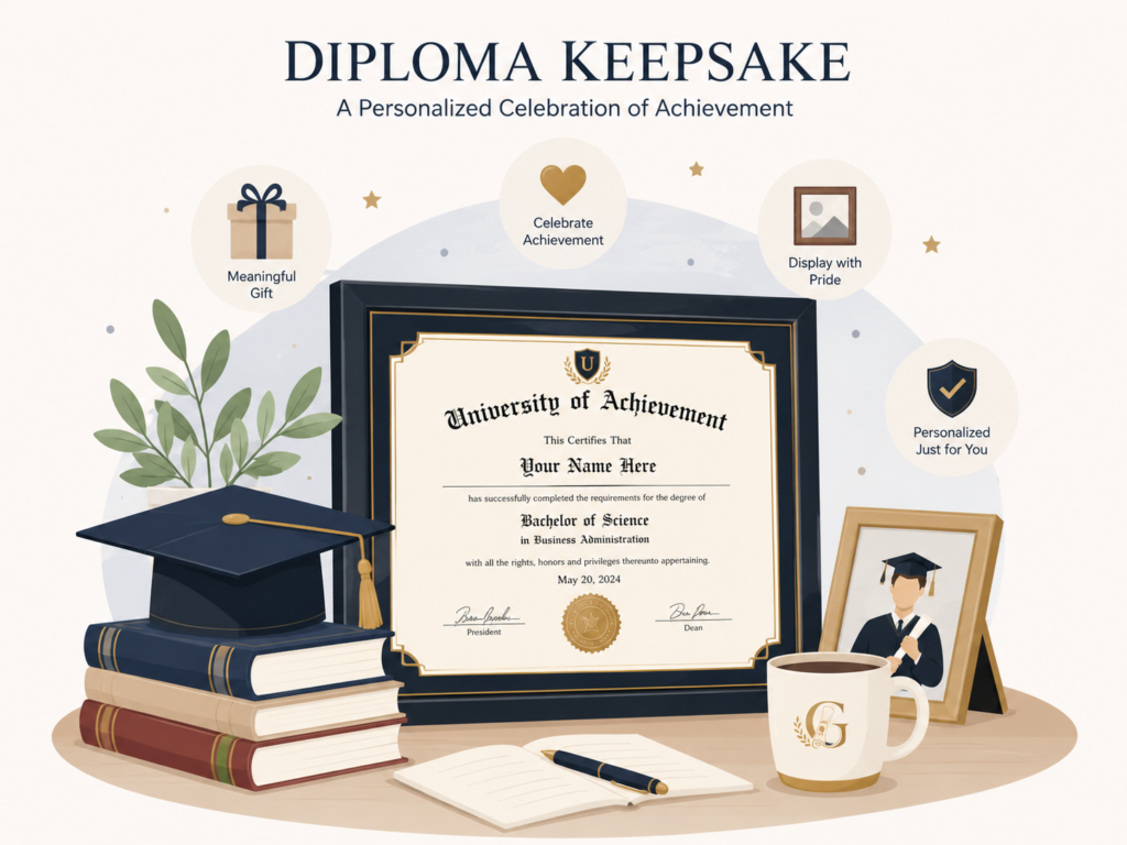 Diploma keepsake infographic showing a framed custom diploma with graduation cap as a personalized achievement gift