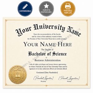 Customizable American university Bachelor's degree template design with gold seal for display and keepsake — GRADORA