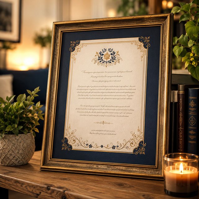 Personalized framed keepsake displayed as home decor on a shelf