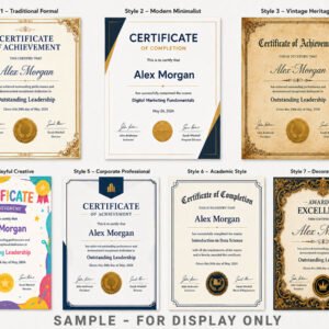 Overview of seven custom certificate template design styles from traditional and modern to vintage, playful and ornate