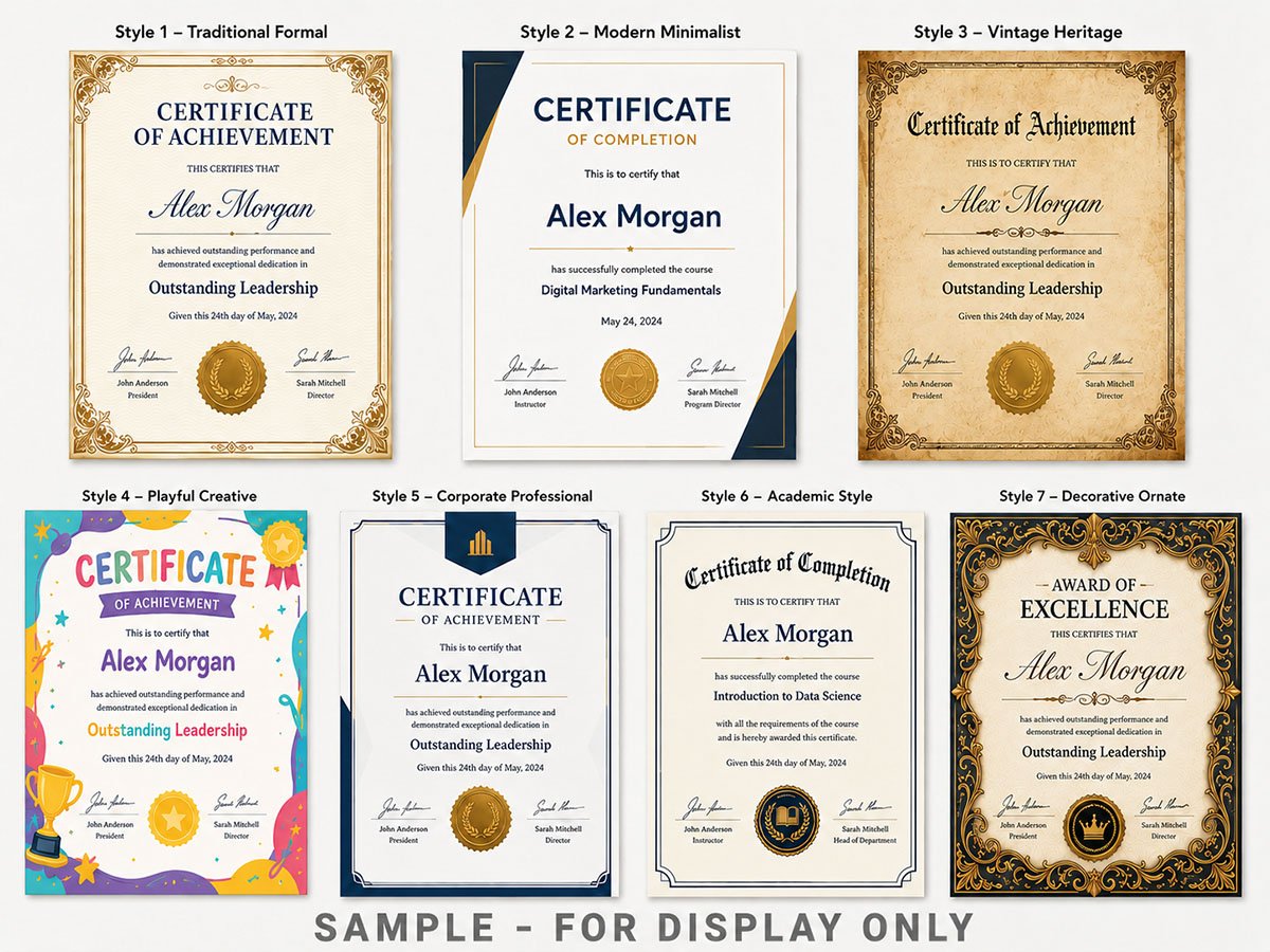 Overview of seven custom certificate template design styles from traditional and modern to vintage, playful and ornate