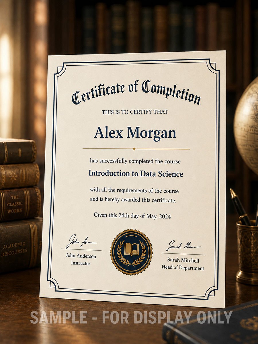 Academic style custom certificate of completion template with navy seal on a desk beside classic books