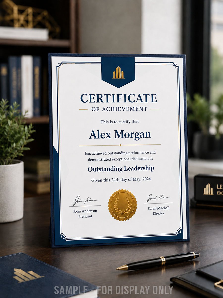 Corporate professional custom certificate of achievement template in navy and gold on a modern office desk
