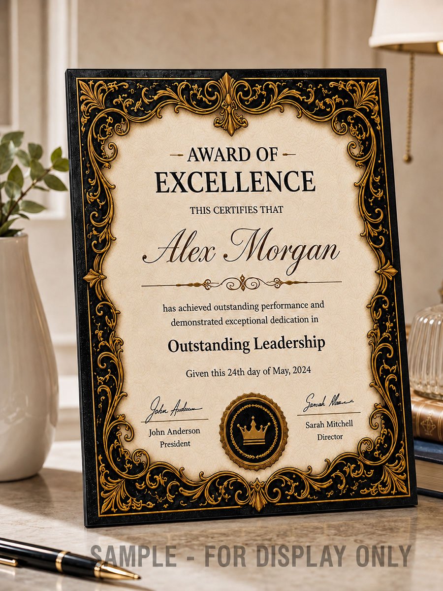 Decorative ornate custom award of excellence template with gold filigree border on an elegant tabletop