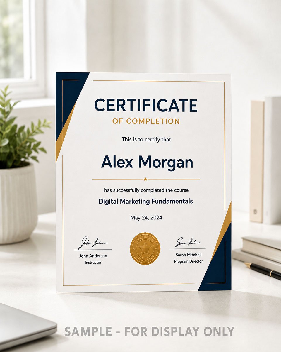 Modern minimalist custom certificate of completion template in navy and gold standing on a bright desk