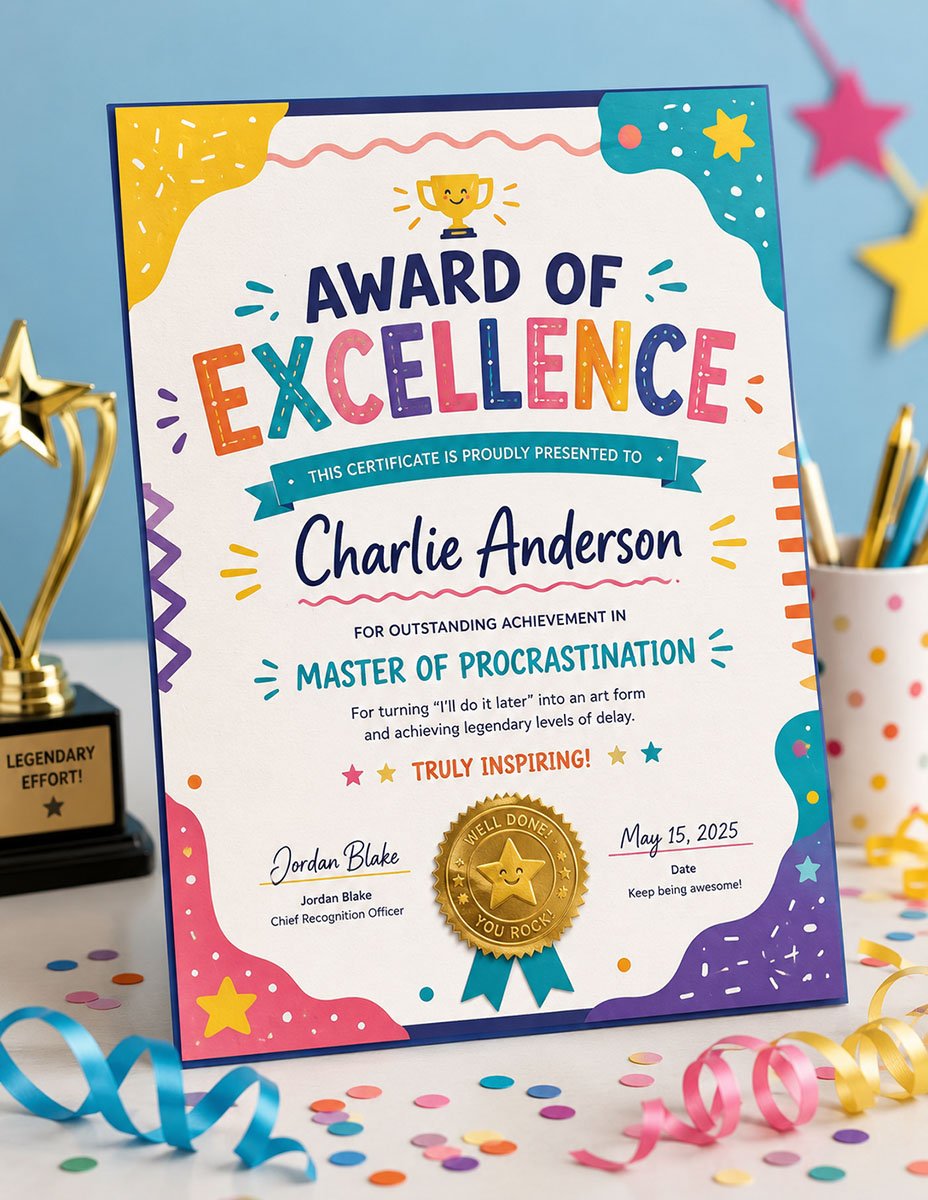 Playful colorful custom award certificate template with confetti and trophy, fun keepsake design for kids
