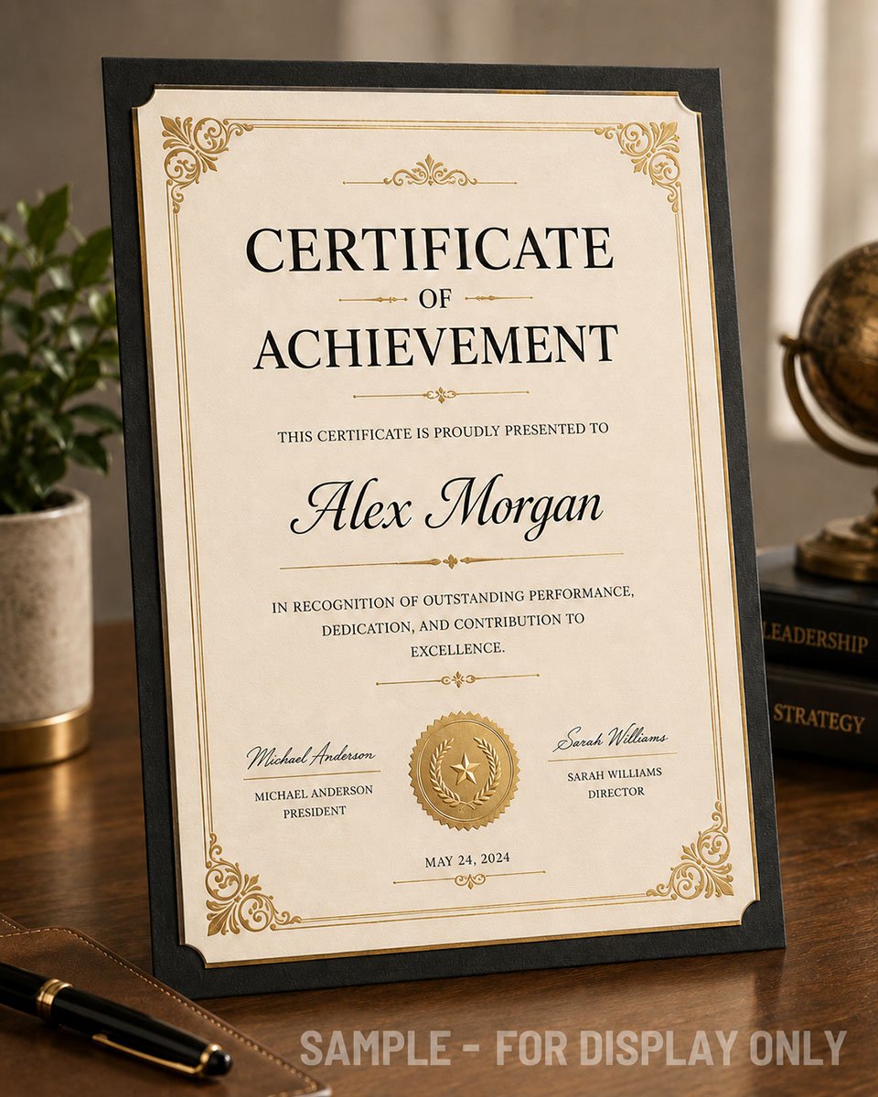 Traditional formal custom certificate of achievement template with gold border and seal, displayed on a wooden desk