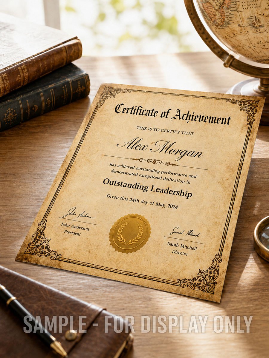 Vintage heritage custom certificate of achievement template on aged parchment beside old books and a globe