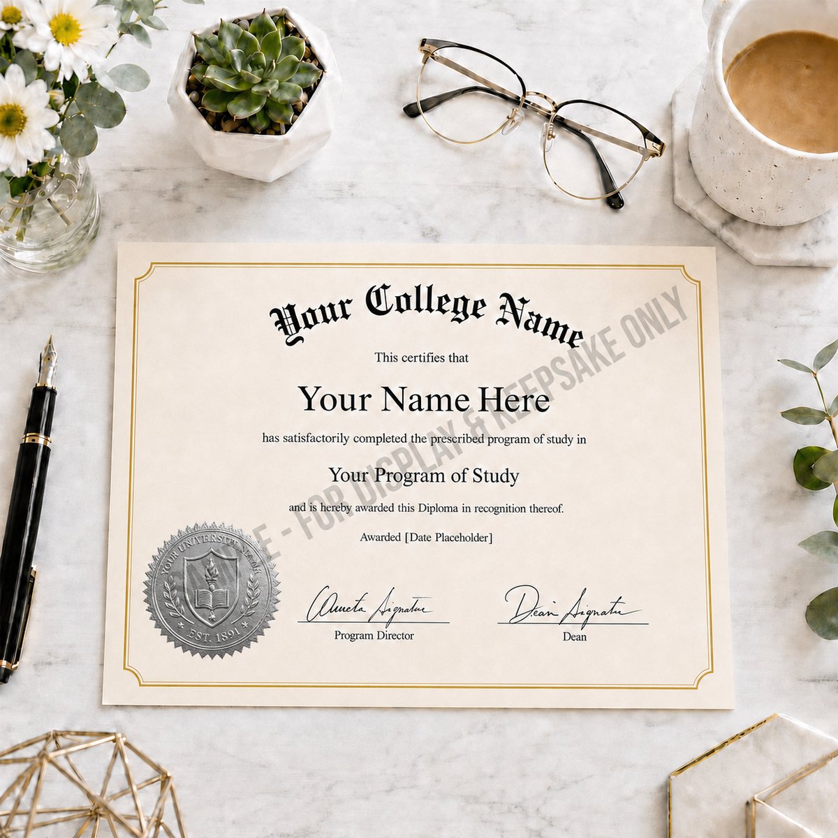 Custom college diploma template on a marble desk with coffee, glasses and plants; editable keepsake certificate