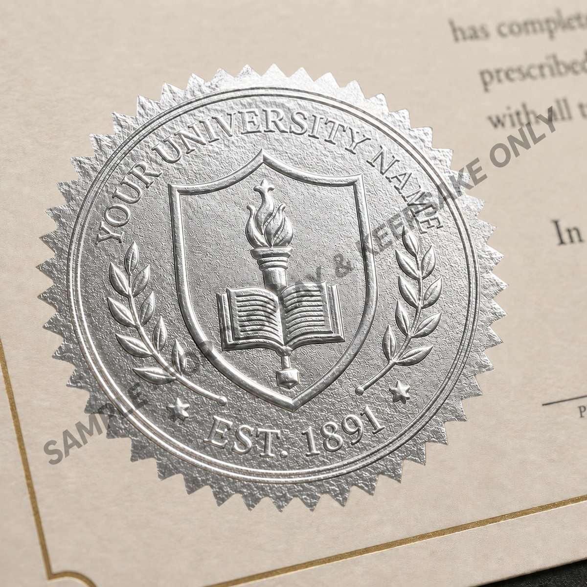 Macro of embossed silver foil university seal with torch and book emblem and EST. 1891 on a diploma template