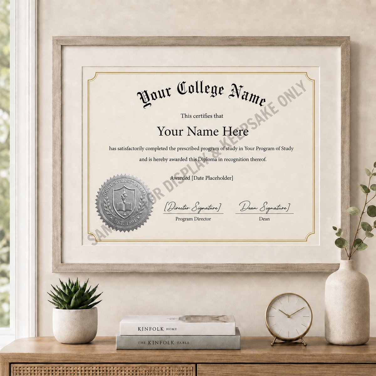 Customizable college diploma framed on a wall above a console table, shown as display and keepsake home decor