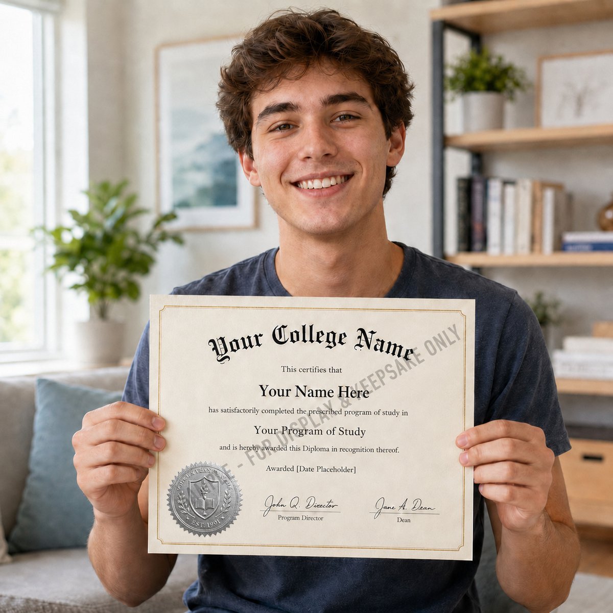 Smiling young man holding a personalized custom college diploma keepsake template with editable name and degree