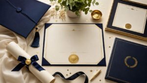 Custom diploma, certificate, and degree keepsakes with gold foil seal, navy leather cover, and frame