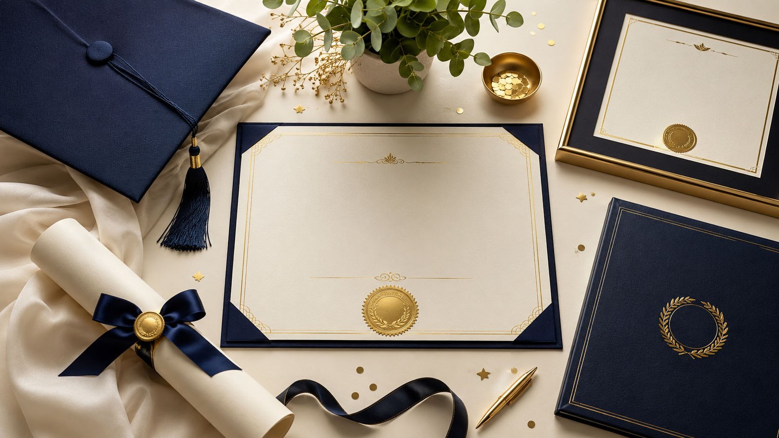 Custom diploma, certificate, and degree keepsakes with gold foil seal, navy leather cover, and frame
