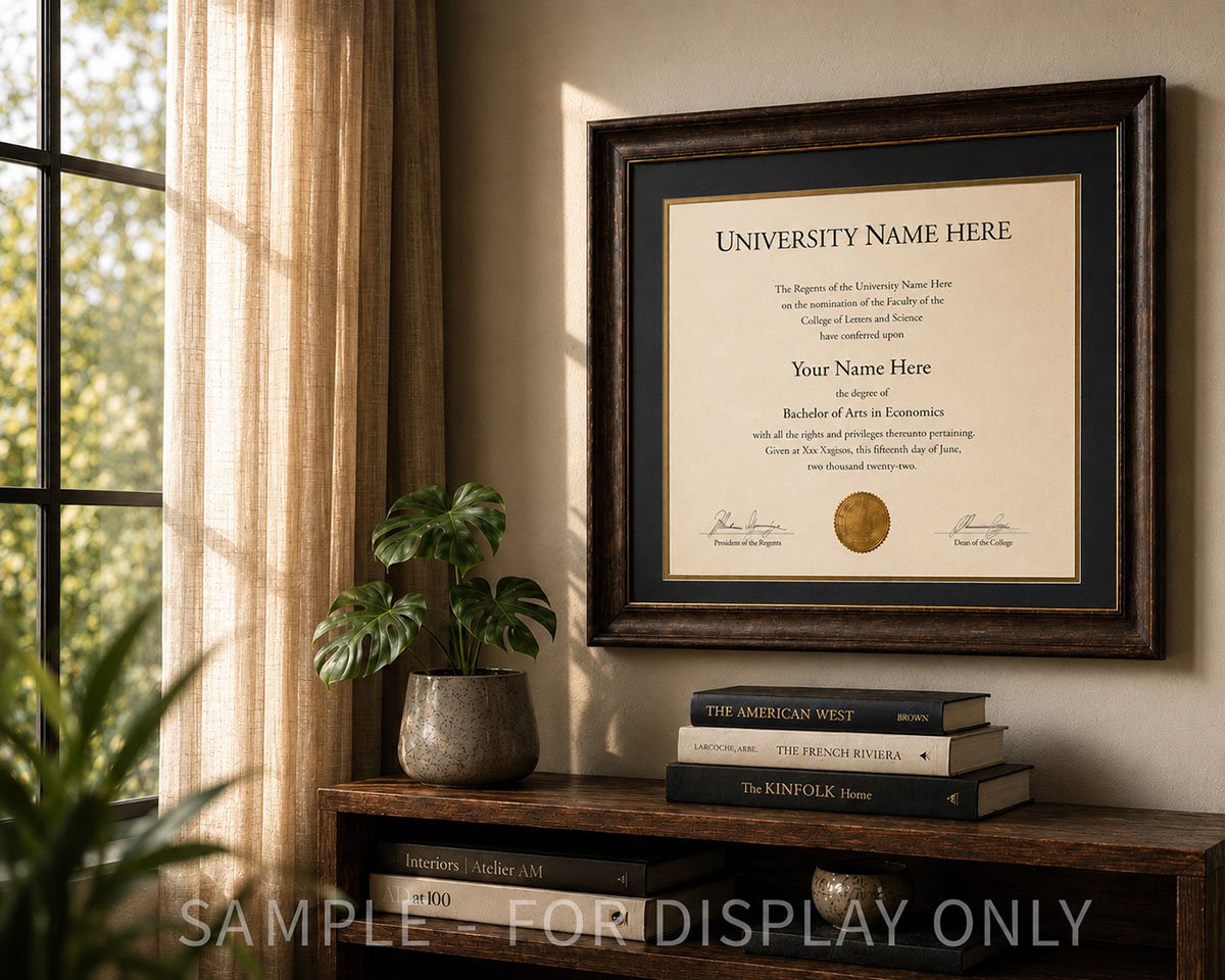 Framed custom college diploma keepsake on a wall above a wooden console with books and a plant in a sunlit room