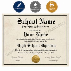 Printable customizable high school diploma template with editable name, school and date fields and gold seal