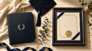 Custom diploma display copy in a gold-bordered frame next to a navy leather cover holding an official diploma, illustrating the difference