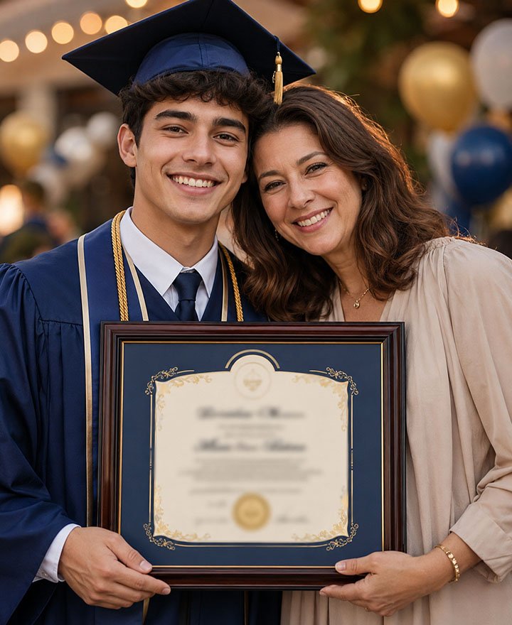 Graduate holding a personalized framed diploma keepsake at a celebration