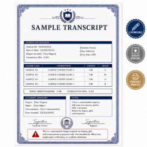 Custom printable academic transcript template keepsake showing sample courses, grades, and GPA