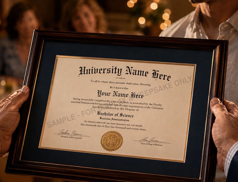 Person holding framed personalized diploma keepsake at celebration