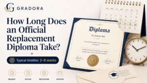 How long does an official replacement diploma take? Blog feature image showing a diploma, calendar, clock, and mailing envelope with a typical timeline of 2–8 weeks.