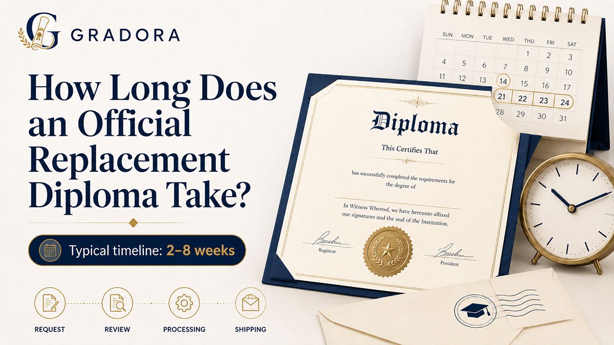How long does an official replacement diploma take? Blog feature image showing a diploma, calendar, clock, and mailing envelope with a typical timeline of 2–8 weeks.