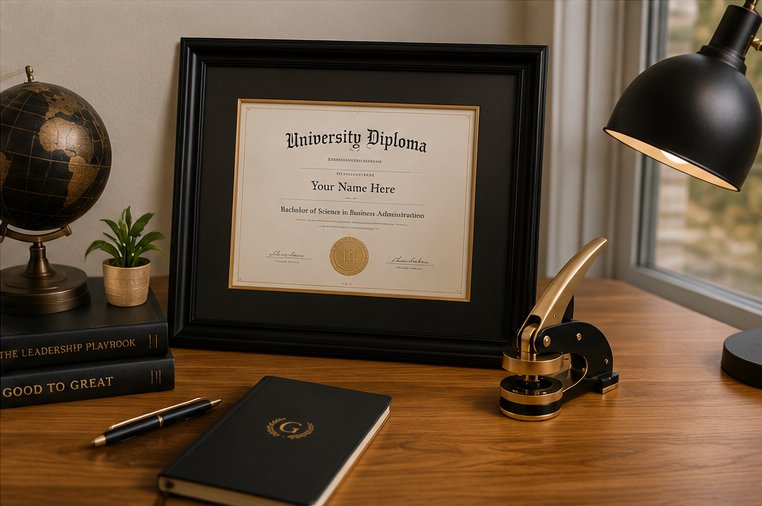 Framed diploma displayed on a desk with a premium diploma embosser