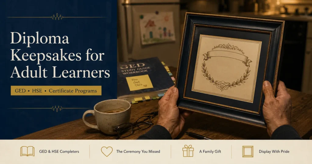 Adult learner holding a commemorative keepsake diploma from GED completion at home