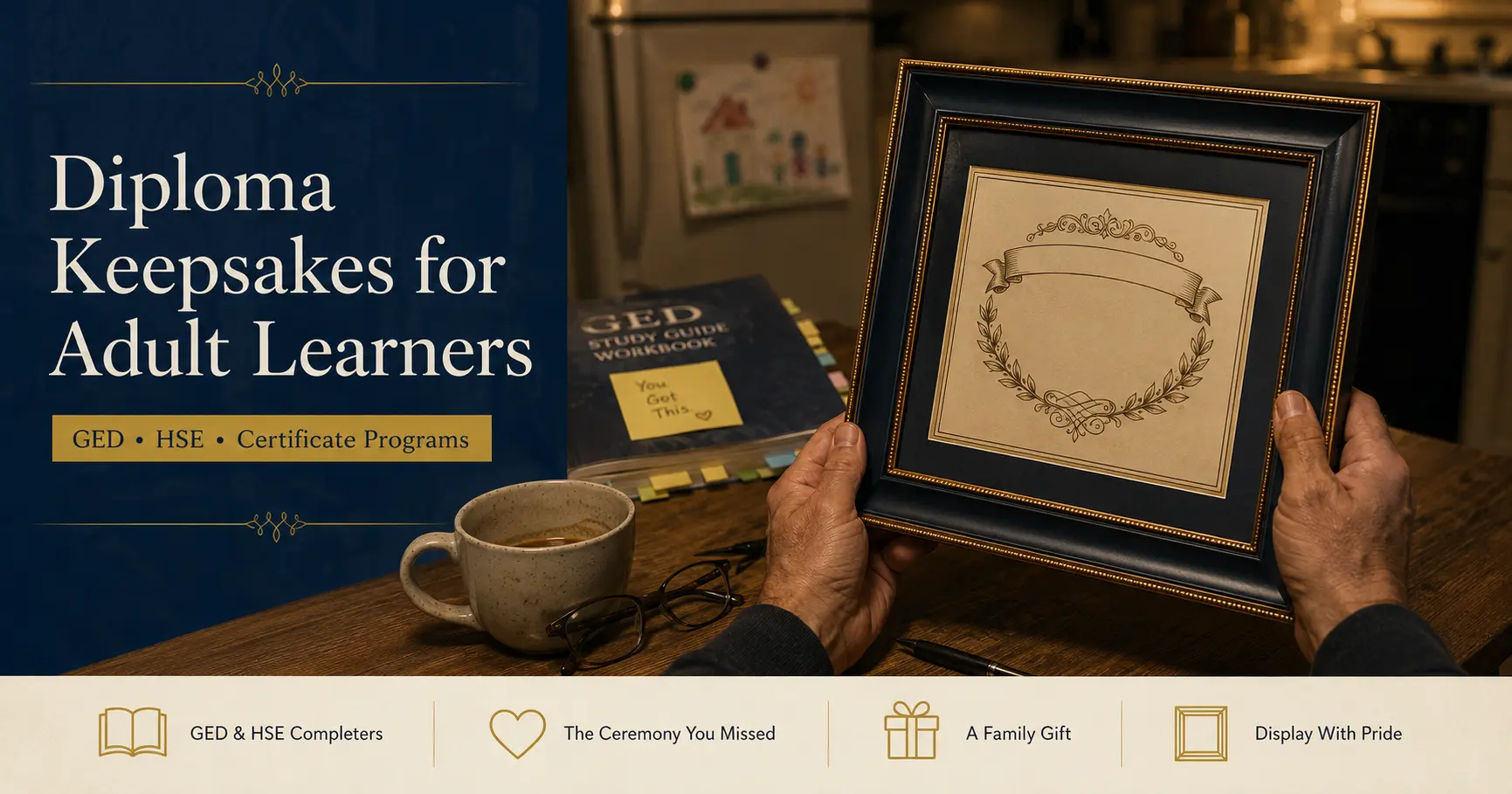 Adult learner holding a commemorative keepsake diploma from GED completion at home