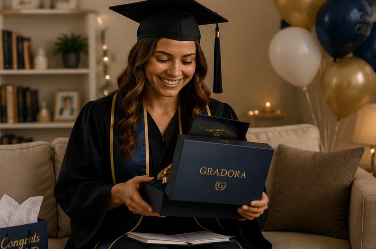 Graduate opening a GRADORA graduation keepsake gift at home
