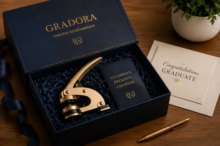 GRADORA graduation gift embosser box with premium navy and gold packaging