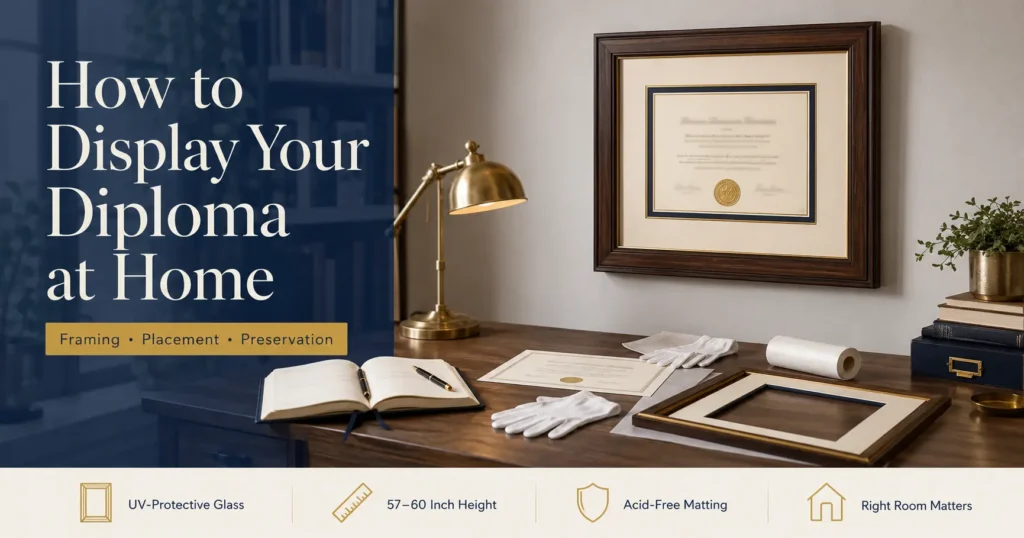 Framed high school diploma displayed on home office wall with proper archival framing
