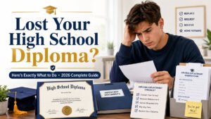 Lost your high school diploma guide showing diploma replacement checklist, request form, and organized school documents