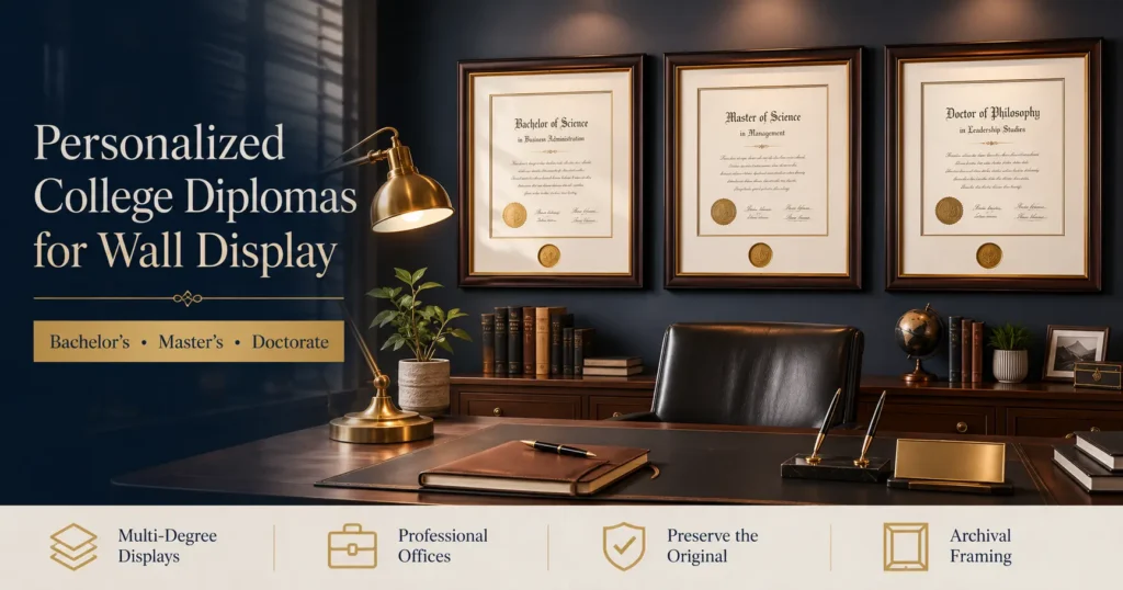 Personalized college diploma displayed in archival frame on professional office wall