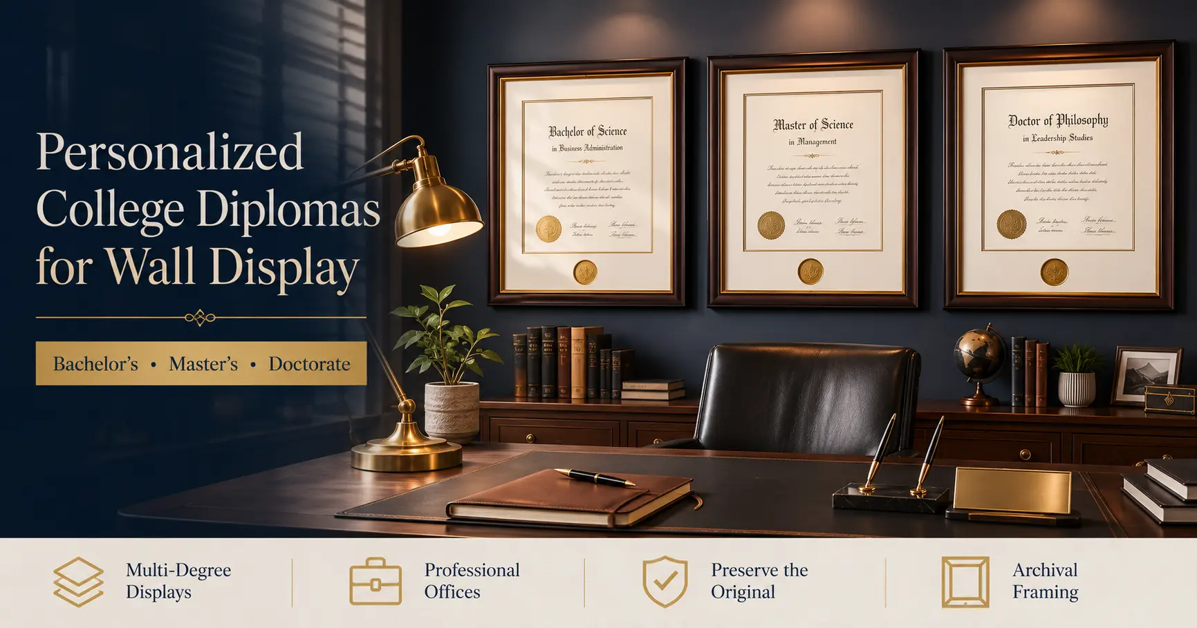 Personalized college diploma displayed in archival frame on professional office wall