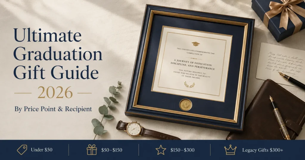 Curated graduation gift ideas including framed keepsake diploma, quality pen, and personal card
