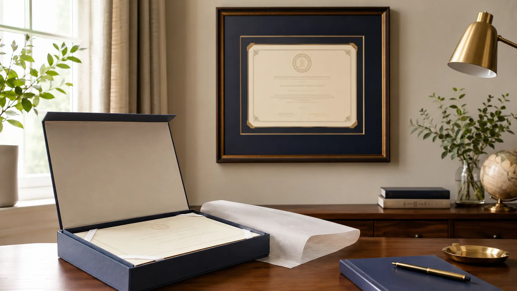 Original diploma stored in an archival box with a framed display copy on the wall behind it