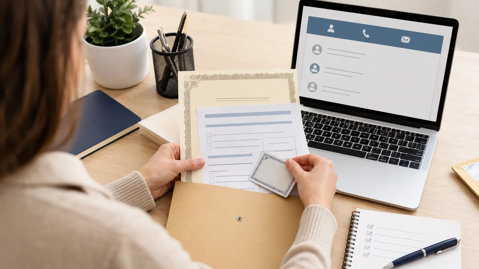 Person reviewing a name-change request form beside a laptop while updating diploma records