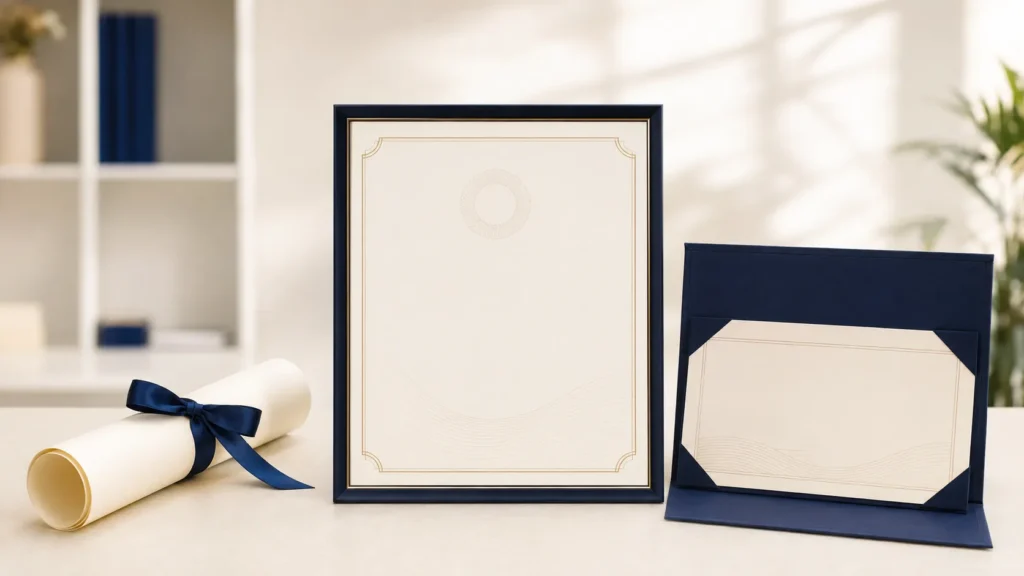 Three academic documents side by side showing a high school diploma, college degree, and program certificate