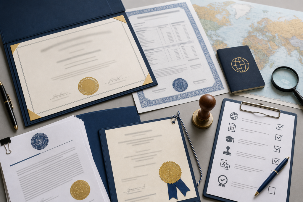 Diplomas, official documents, passport, and application checklist on a world map