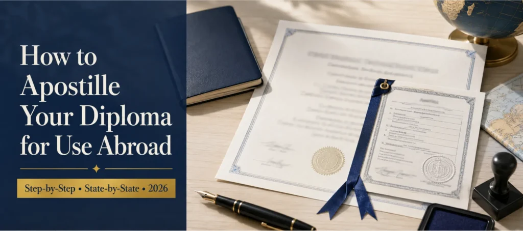 Diploma with apostille certificate attached, ready for use abroad, next to a passport and cover sheet