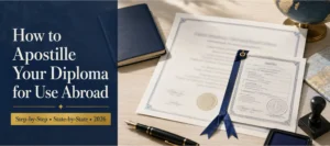 Diploma with apostille certificate attached, ready for use abroad, next to a passport and cover sheet