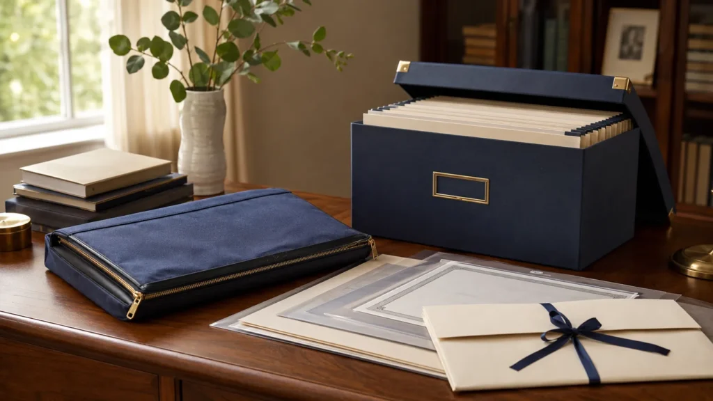 Important documents organized in archival sleeves beside an open fireproof document safe