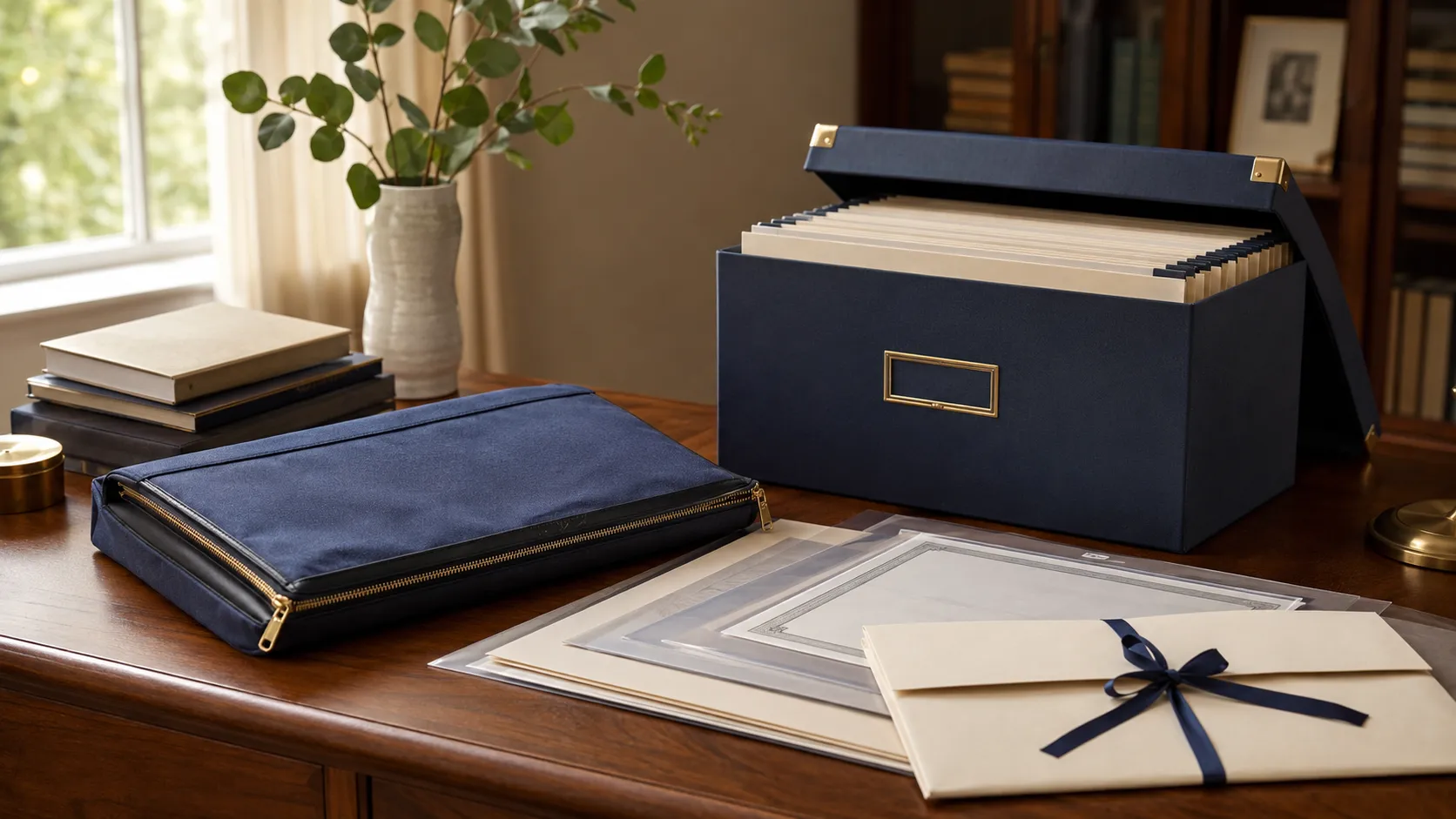 Important documents organized in archival sleeves beside an open fireproof document safe