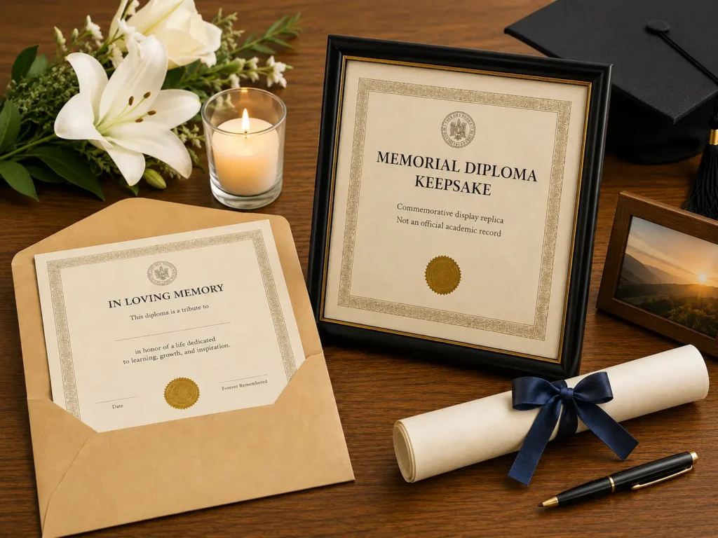 Framed memorial diploma displayed on family memory wall alongside photographs