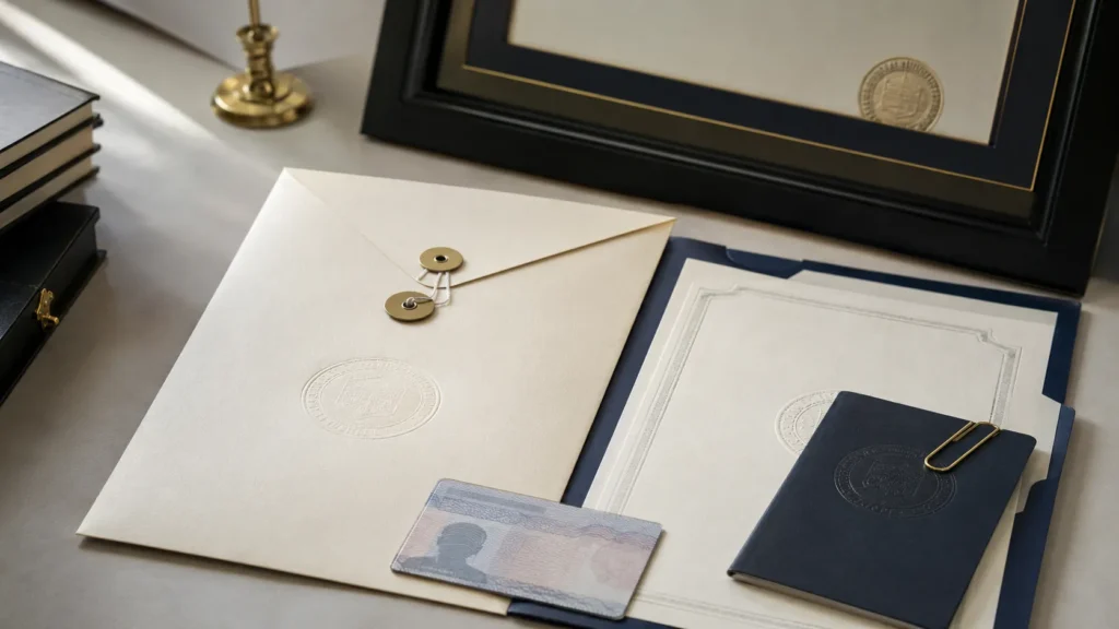 Official diploma, ID card, and document envelope arranged on a desk for a name-change update