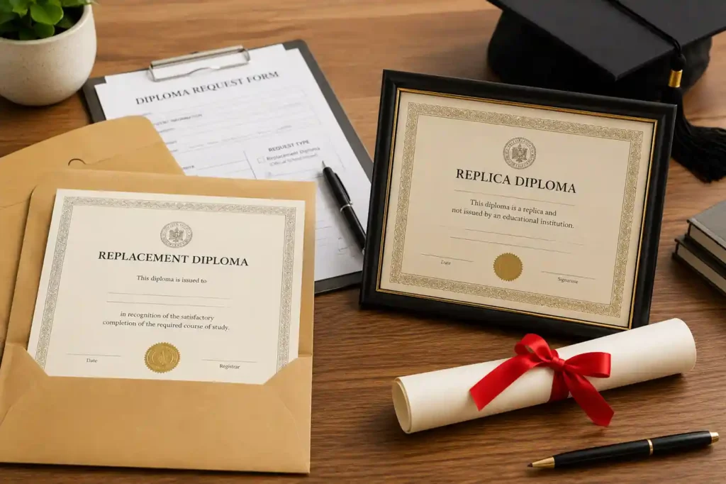 Side-by-side comparison of official replacement diploma and keepsake replica diploma on desk