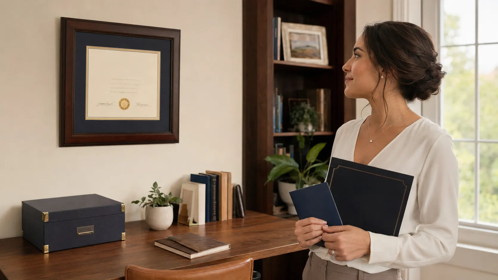 Woman holding document folders looking at her framed diploma on the wall