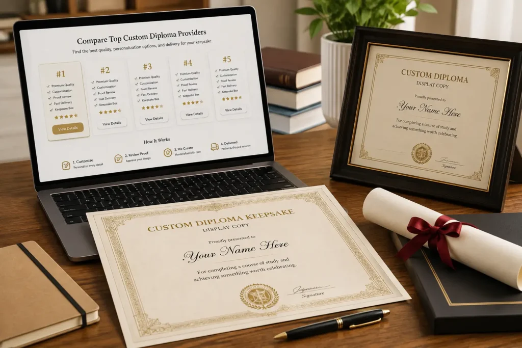 Laptop showing a custom diploma provider comparison beside framed and rolled sample diplomas on a desk